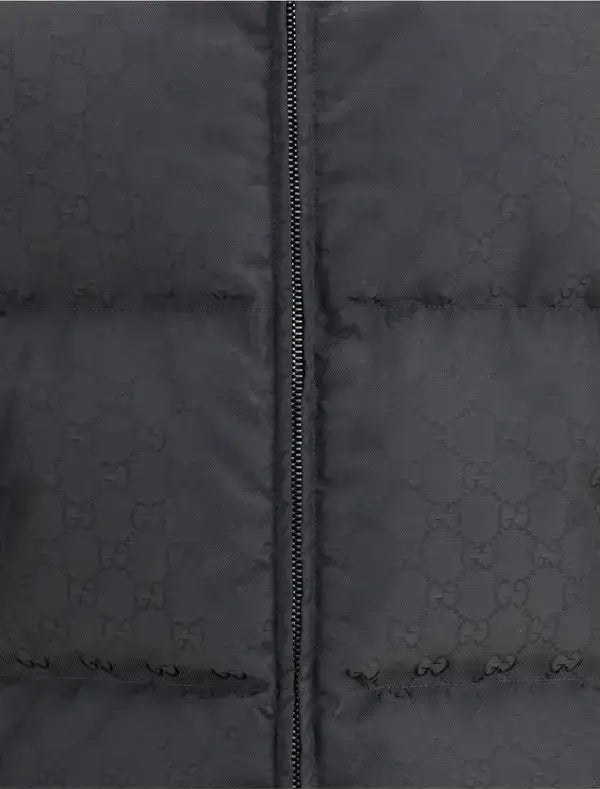 Dark gray GUCCI men’s puffer jacket with GG Monogram pattern and central zipper