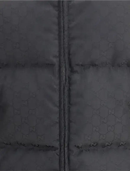 Dark gray GUCCI men’s puffer jacket with GG Monogram pattern and central zipper
