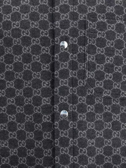 Dark gray GUCCI men’s wool jacket with light gray GG monogram and silver snap buttons