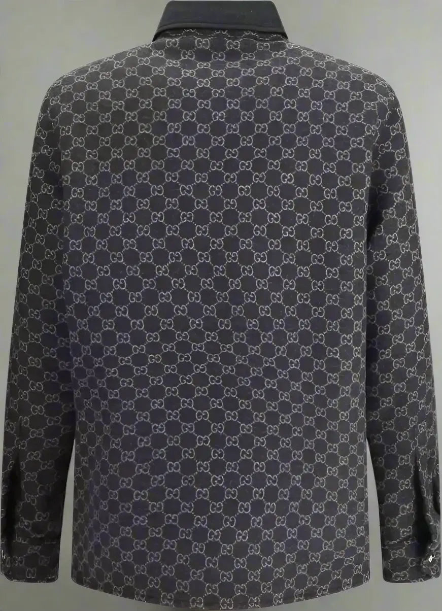 Dark gray Gucci mens wool jacket with long sleeves and all-over GG monogram pattern