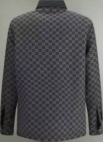 Dark gray Gucci mens wool jacket with long sleeves and all-over GG monogram pattern