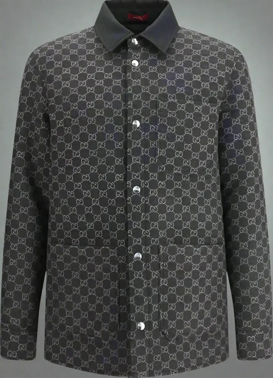 Gucci mens wool jacket with all-over GG monogram, long-sleeved dark gray button-up
