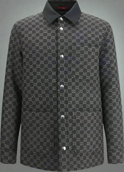 Gucci mens wool jacket with all-over GG monogram, long-sleeved dark gray button-up