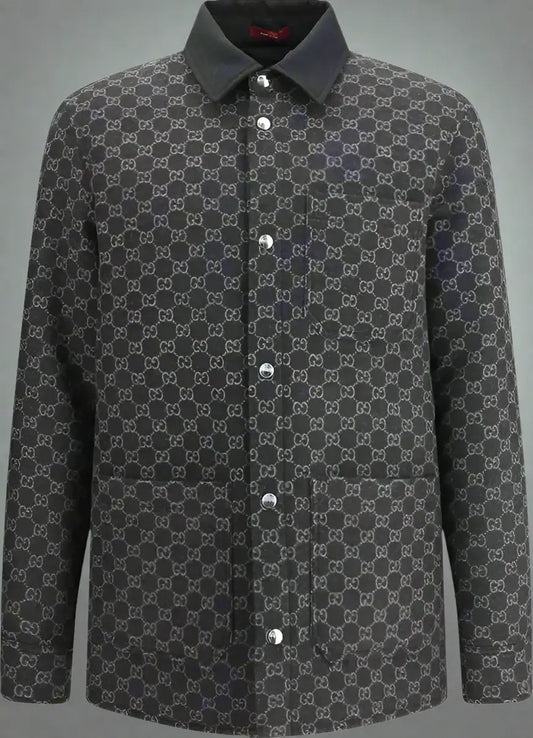 Gucci mens wool jacket with all-over GG monogram, long-sleeved dark gray button-up