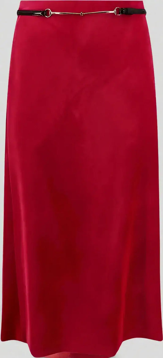 Gucci velvet bloom midi skirt with deep red flowing fabric and removable leather belt