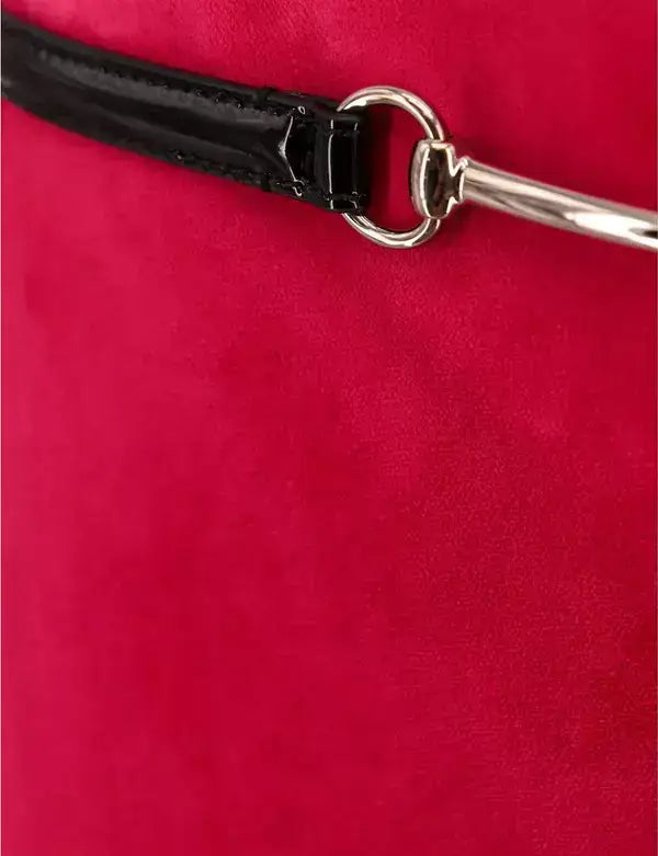 Glossy black patent leather strap with silver ring on GUCCI velvet bloom midi skirt