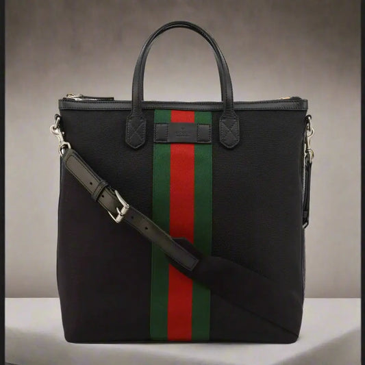 Gucci unisex black tote bag with green and red web stripe, made of fabric and leather