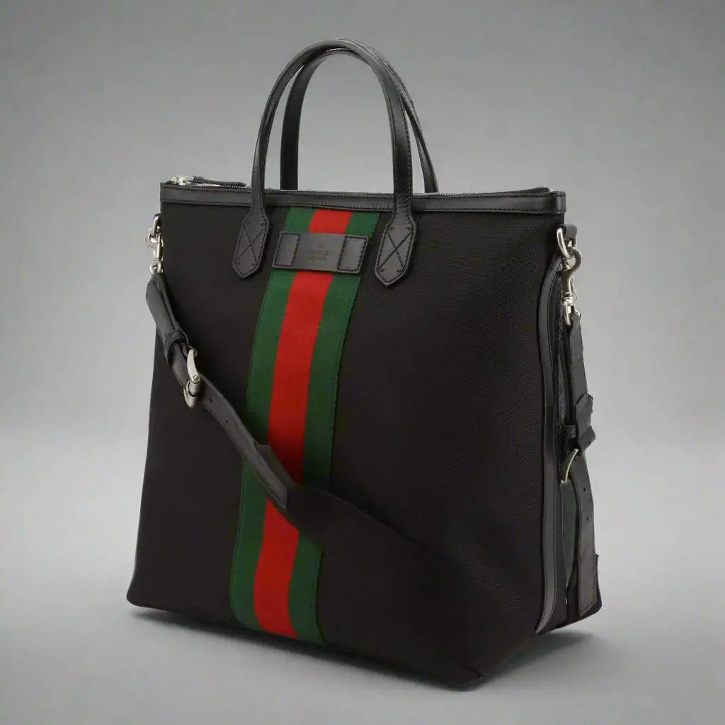 Gucci unisex black fabric tote bag with red and green vertical stripes and dual top handles
