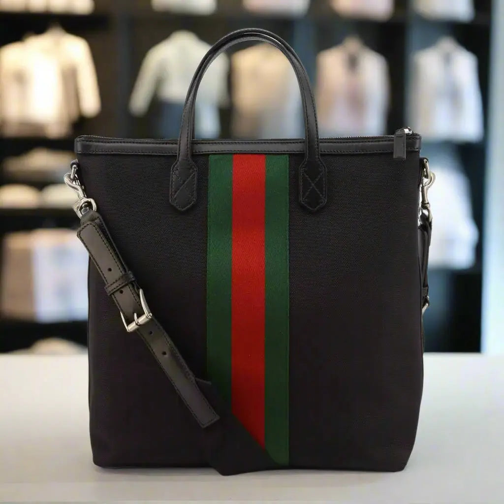Gucci unisex black fabric tote bag with green and red stripes and detachable shoulder strap