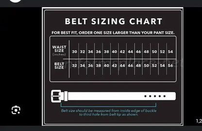 Black leather belt sizing chart with illustration showing how to measure for Guess Men’s belt
