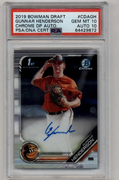 Gunnar Henderson 2019 Bowman Chrome Draft Picks Auto baseball card with autograph, PSA 10