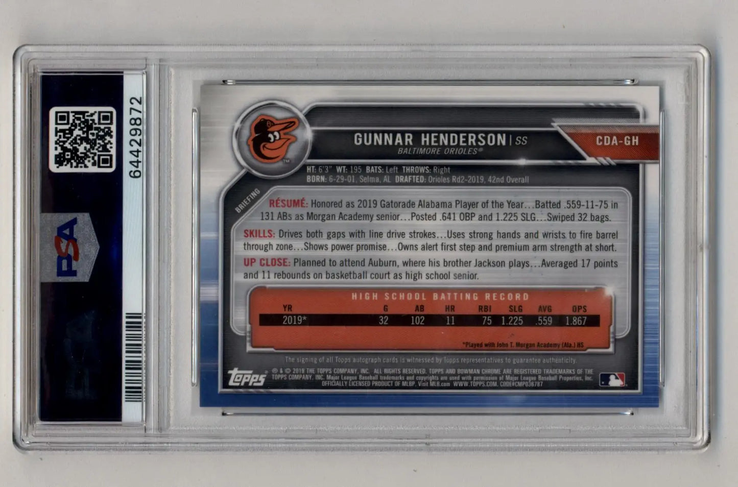 Gunnar Henderson Bowman Chrome Draft baseball trading card with auto PSA 10 Gem Mint