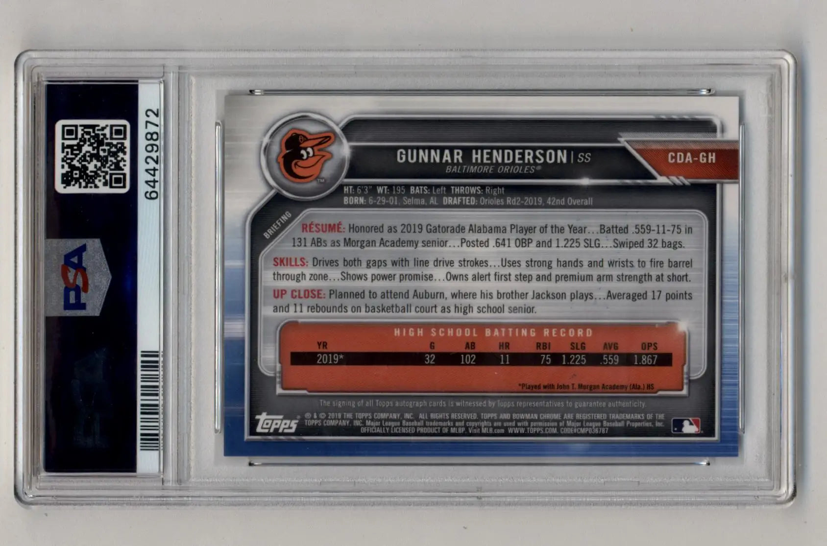 Gunnar Henderson Bowman Chrome Draft baseball trading card with auto PSA 10 Gem Mint