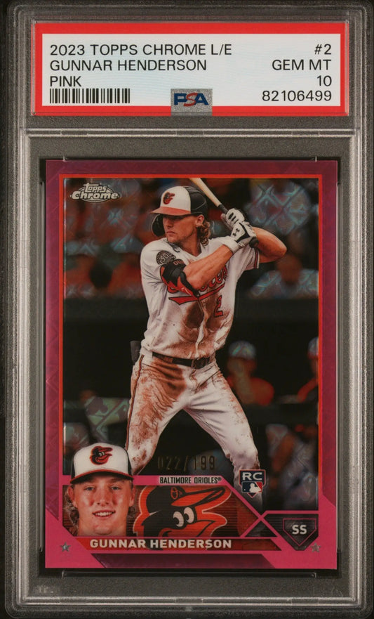 PSA graded 2023 Topps Chrome Gunnar Henderson Pink Refractor in protective case