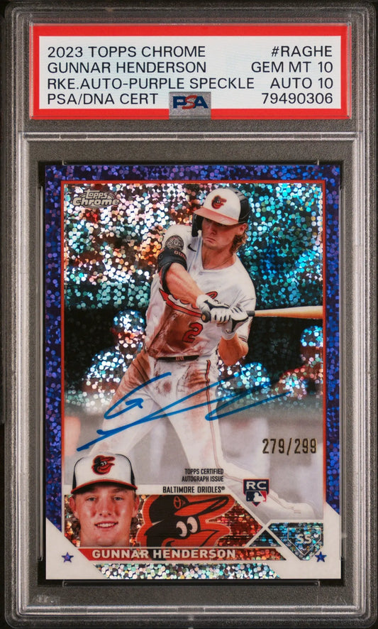 Graded Gunnar Henderson baseball card featuring Topps Chrome Purple Speckle Auto in PSA 10