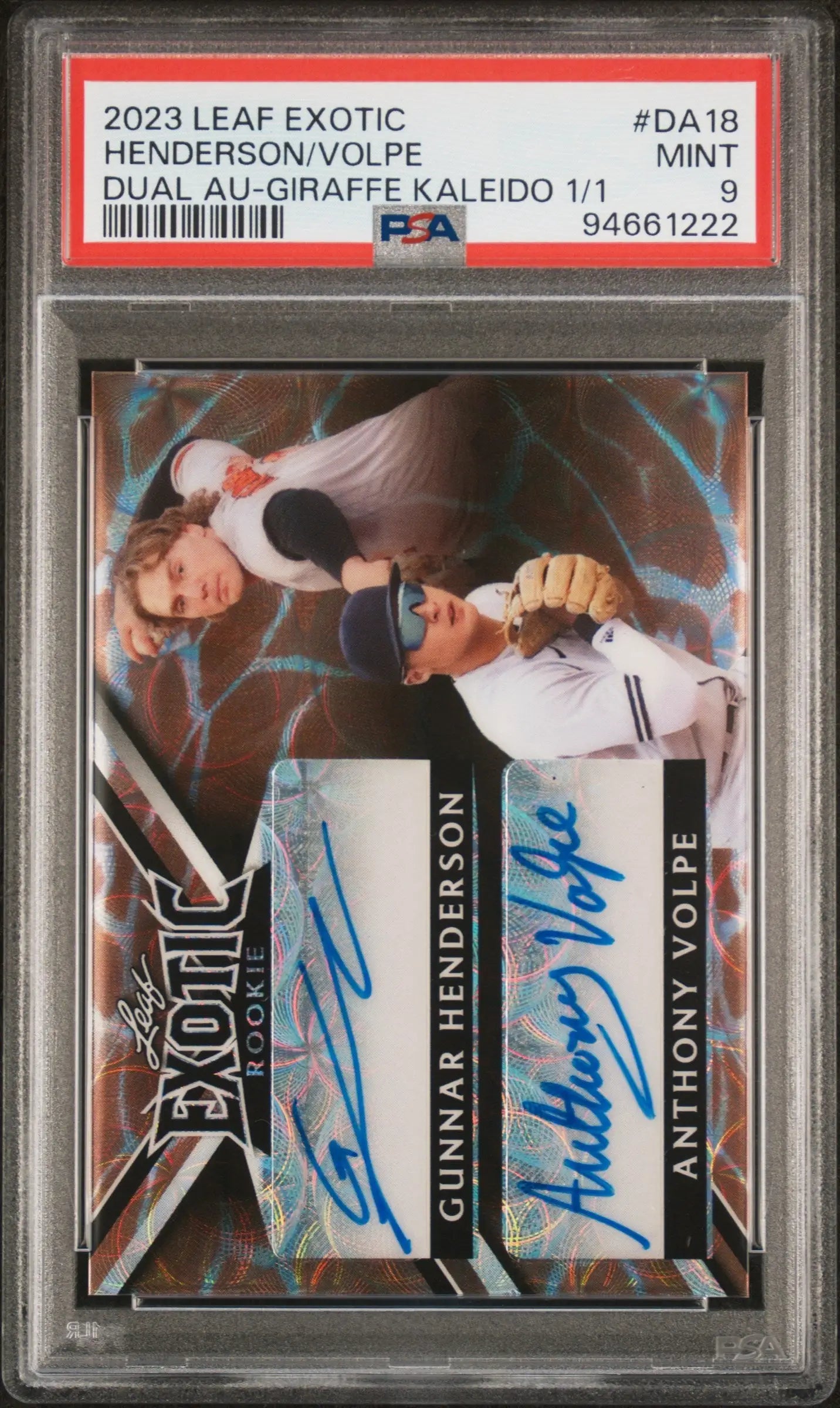 2023 Leaf Exotic Giraffe dual autographed baseball card of Gunnar Henderson and Anthony Volpe in PSA 9 Mint condition