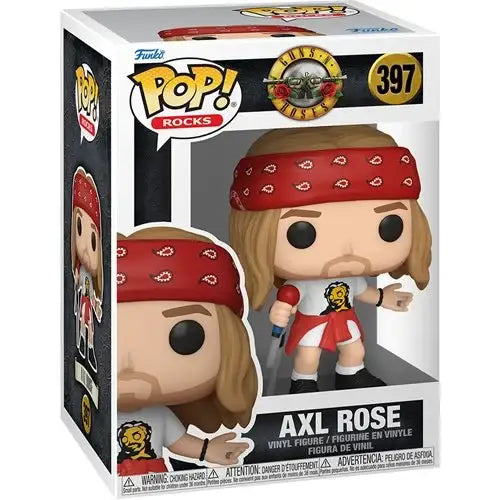 Funko Pop vinyl figure of Guns N’ Roses Axel Rose in red bandana and white shorts