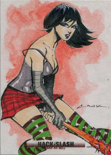 Stylized woman in punk attire with weapon from Hack Slash Bad As Hell sketch card