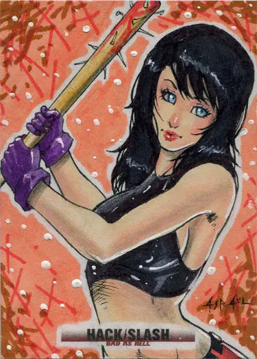 Illustrated portrait of a woman with dark hair holding a sword from Hack Slash Bad series