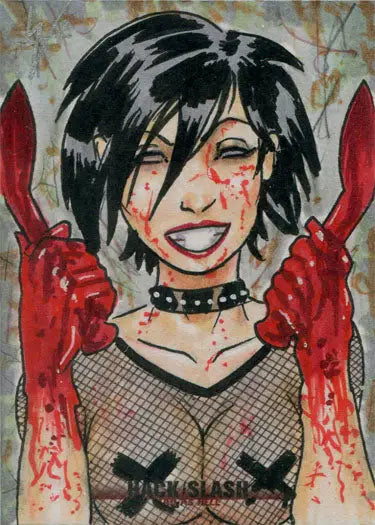 Stylized illustration of a grinning character with blood-splattered gloves from Hack Slash Bad