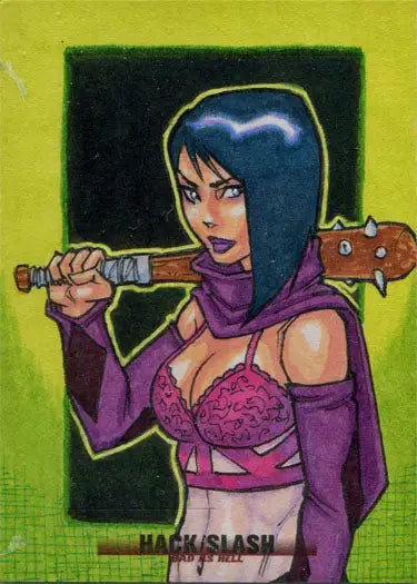 Cartoon illustration of a woman with blue hair and bat from Hack Slash Bad series