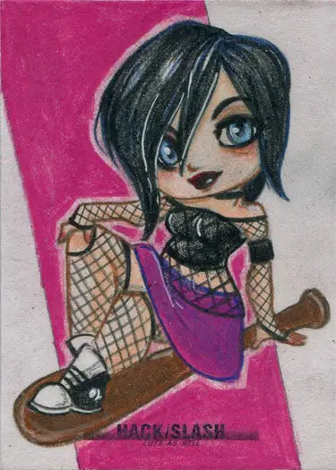 Cartoon punk rock girl with blue eyes on skateboard in Hack Slash Cute sketch card