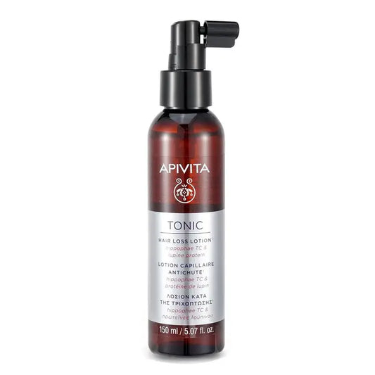 Brown hair loss lotion bottle with dark gray pump applicator for hair loss treatment