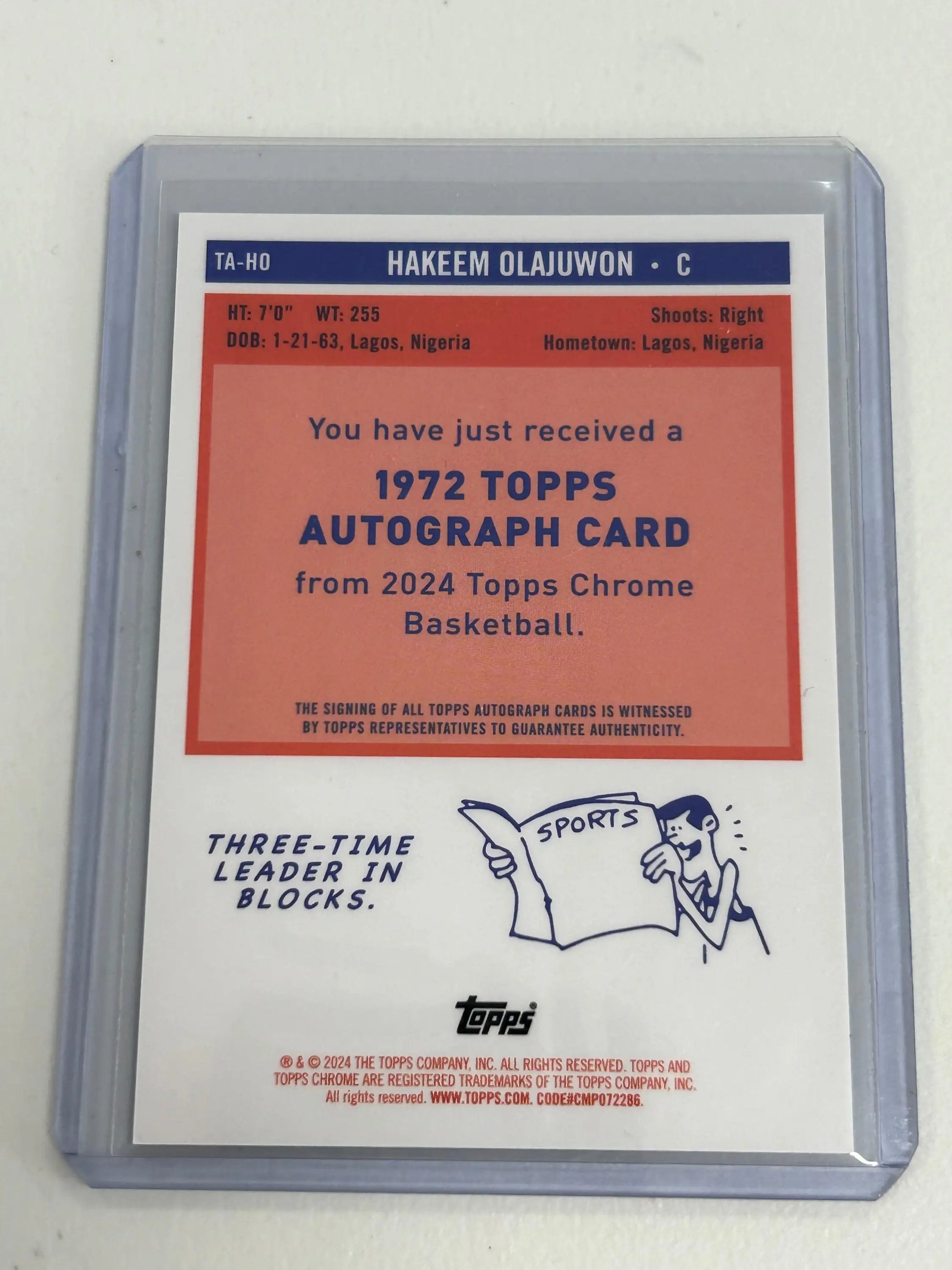 Hakeem Olajuwon 2023 Topps Chrome Gold Refractor Auto in protective card holder