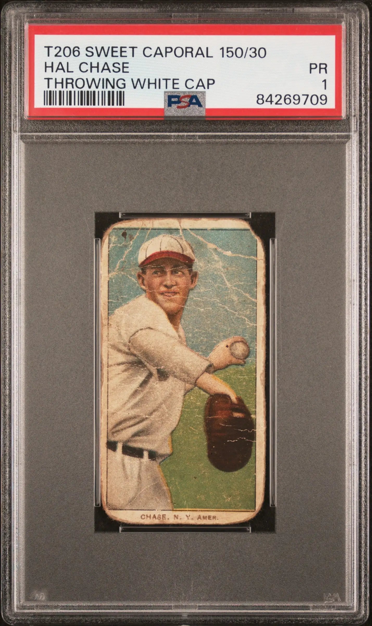 PSA-graded T206 Sweet Caporal Hal Chase baseball card featuring a White Sox pitcher in uniform