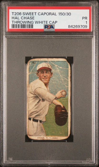 PSA-graded T206 Sweet Caporal Hal Chase baseball card featuring a White Sox pitcher in uniform