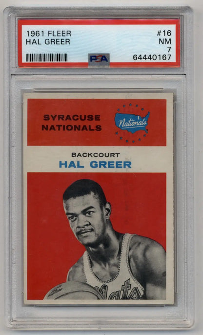 Encased 1961 Fleer Hal Greer basketball trading card graded PSA 7 Near Mint