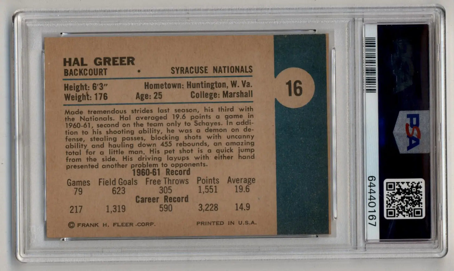 Graded vintage Hal Greer 1961-62 Fleer basketball trading card PSA 7 Near Mint