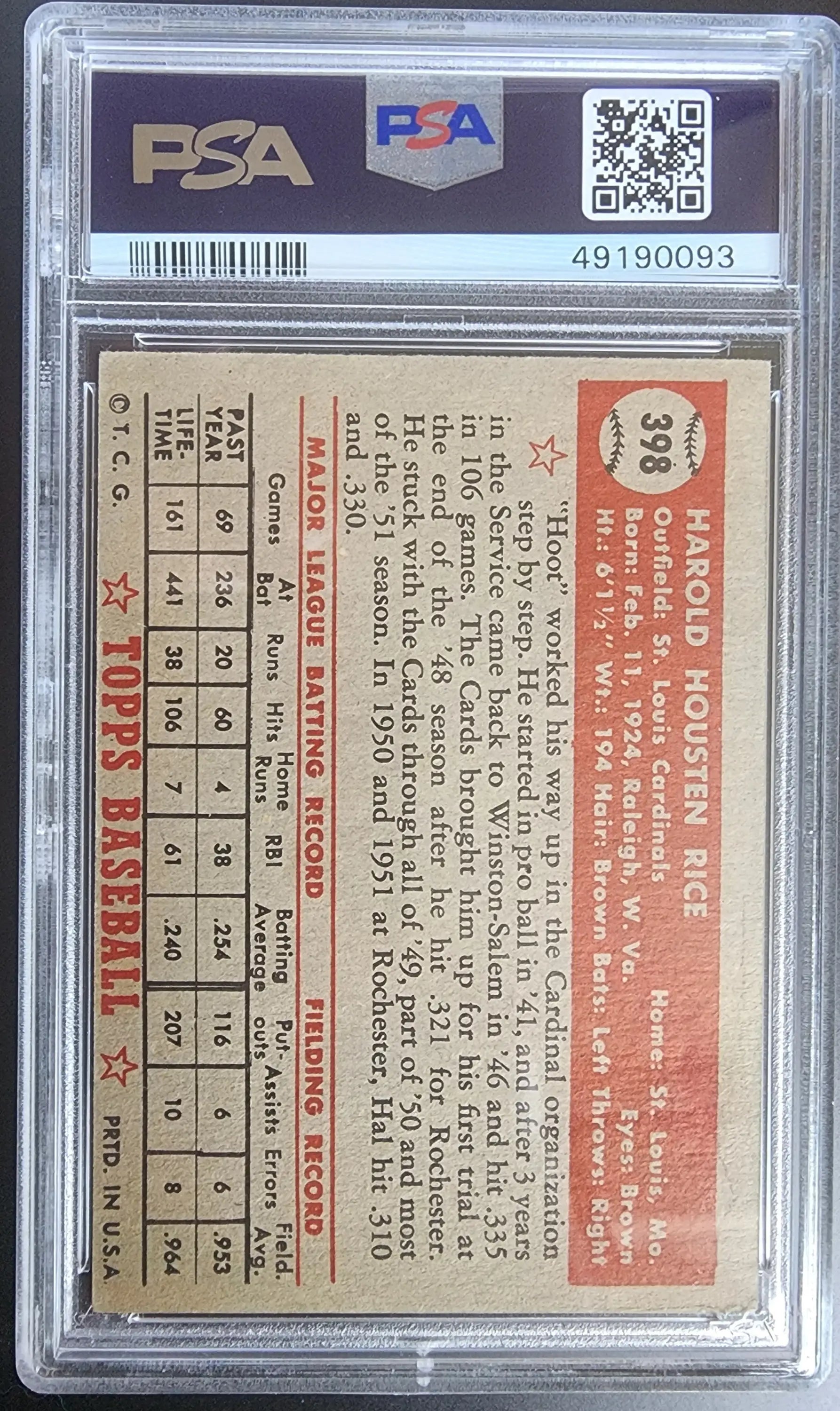 PSA-graded reverse of Hal Rice 1952 Topps #398 trading card detailing player stats