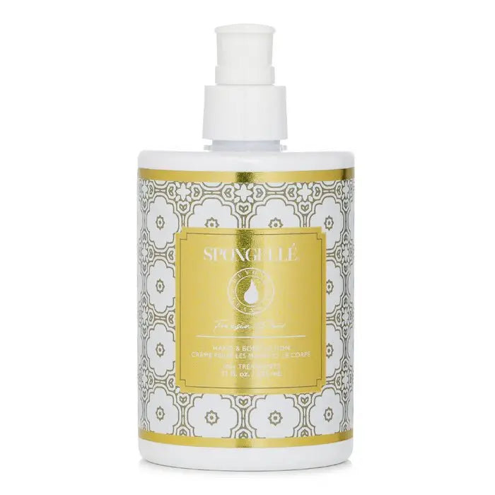 White and gold patterned pump bottle of body lotion for Hand & Body Lotion Freesia Pear