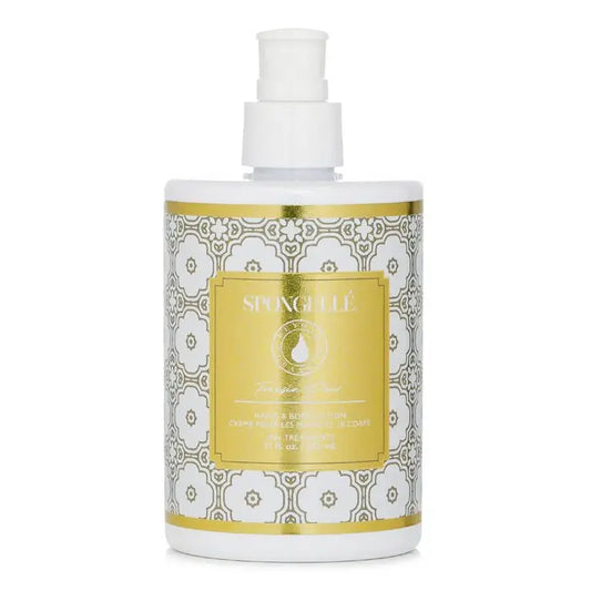 White and gold patterned pump bottle of body lotion for Hand & Body Lotion Freesia Pear