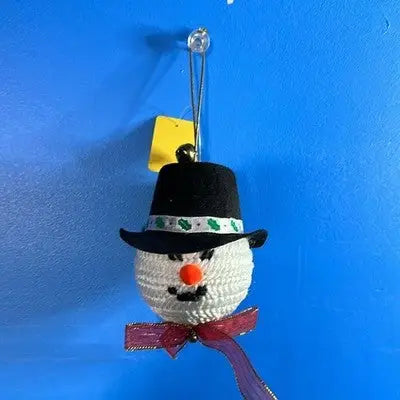 Handmade Snowman Christmas Ornament with black top hat orange nose and red ribbon
