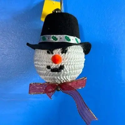 Handmade Snowman Christmas Ornament with black hat orange nose and red bow for tree decor