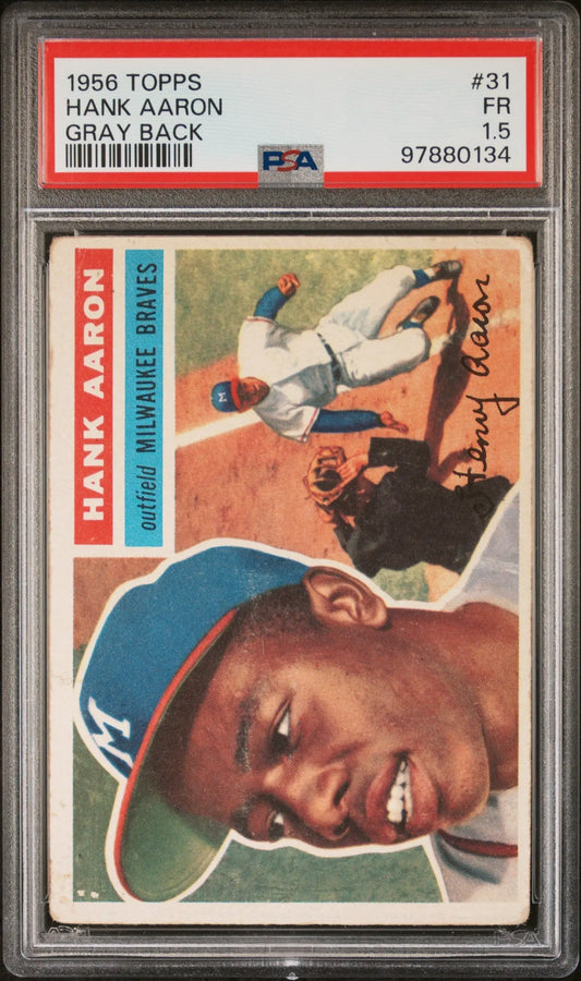 Hank Aaron 1956 Topps baseball card graded PSA 1.5 in protective holder for trading cards