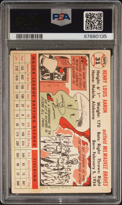 Hank Aaron 1956 Topps #31 baseball card in protective PSA case with red and white design