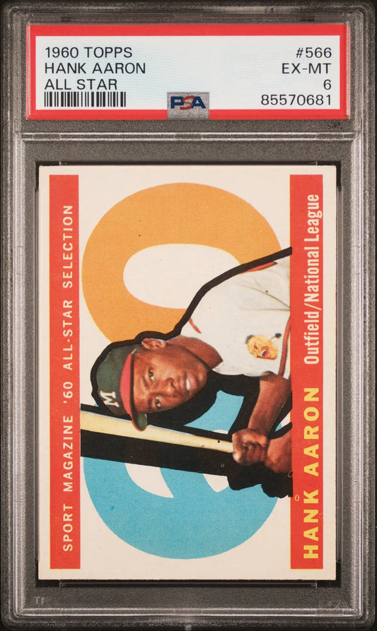 Graded Hank Aaron baseball card from 1960 Topps All-Star series in PSA 6 Ex-Mint condition