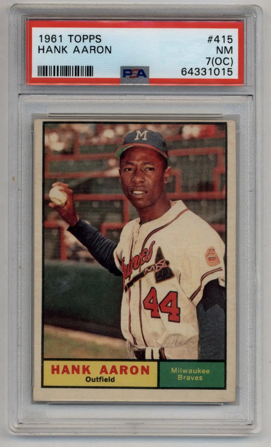 PSA-graded 1961 Topps Hank Aaron baseball card #415 featuring Milwaukee Braves outfielder