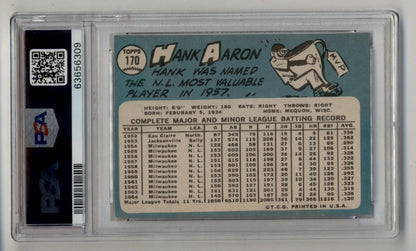 Hank Aaron trading card with statistics in protective holder, Excellent Mint condition