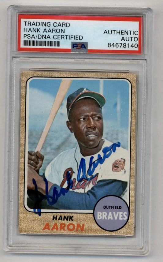 Hank Aaron autographed baseball card with PSA Authentic Auto from 1968 Topps