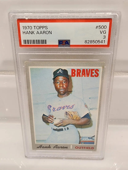 Graded 1970 Topps Hank Aaron baseball card featuring Atlanta Braves hall of fame legend