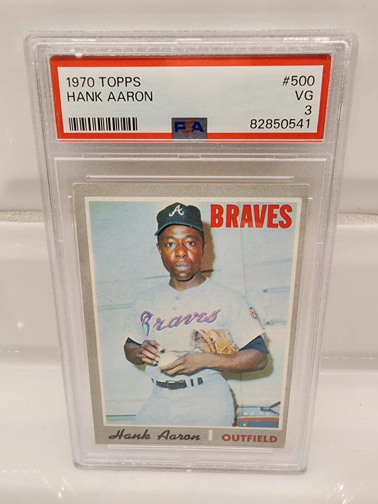 Graded 1970 Topps Hank Aaron baseball card featuring Atlanta Braves hall of fame legend