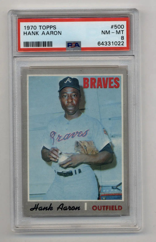 PSA-graded Hank Aaron 1970 Topps #500 trading card in protective case, mint mint condition
