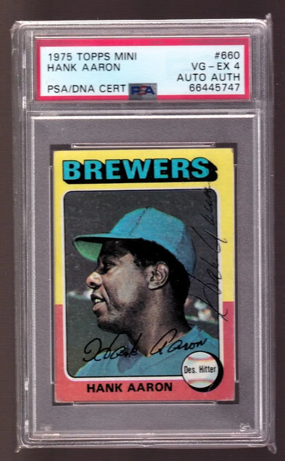 Graded and authenticated Hank Aaron Topps Mini Autograph baseball card PSA DNA