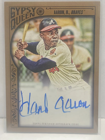 Hank Aaron autographed baseball card from 2015 Topps Gypsy Queen Gold Auto #15/25