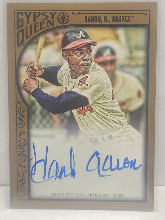 Hank Aaron autographed baseball card from 2015 Topps Gypsy Queen Gold Auto #15/25