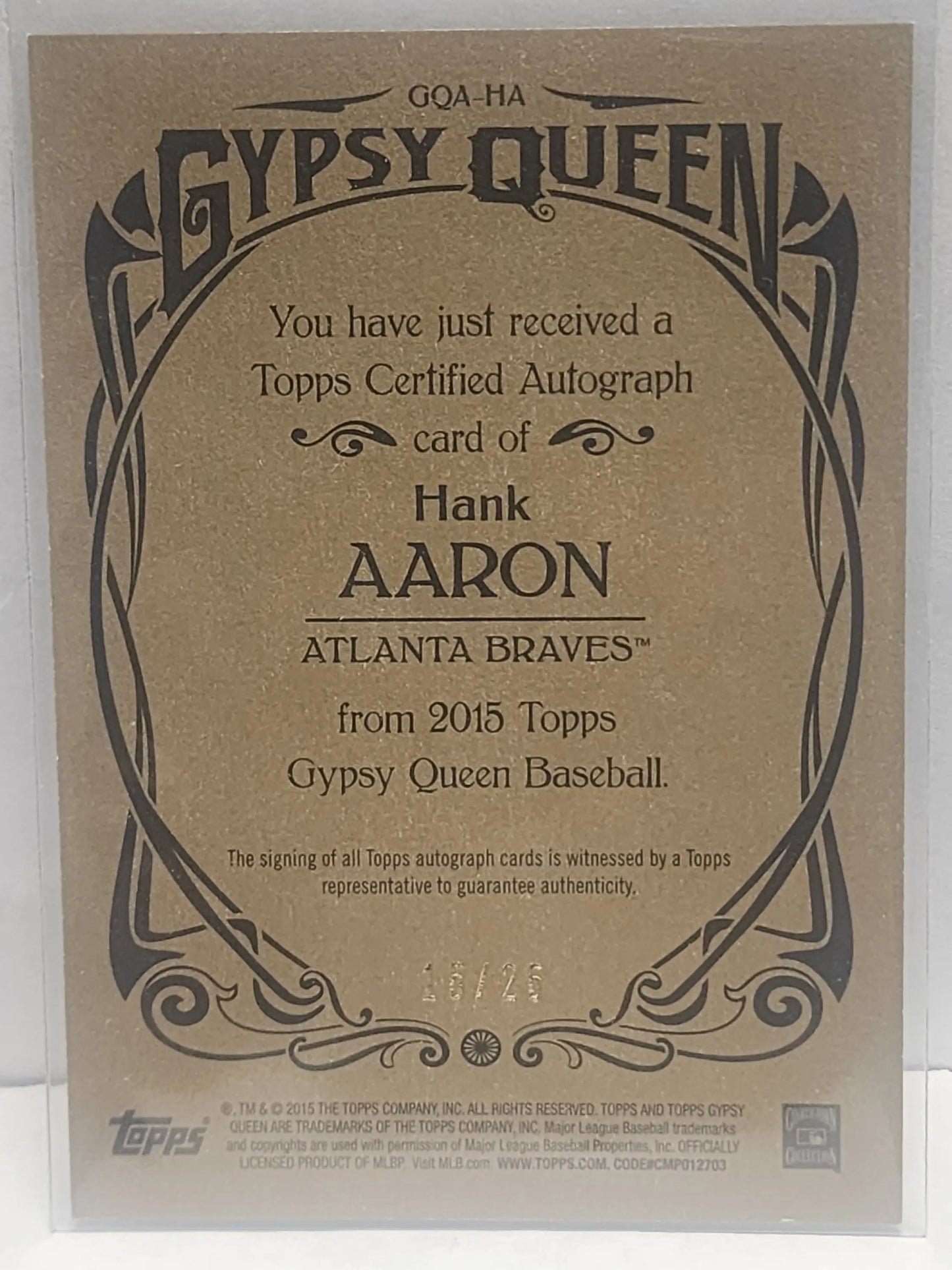 Hank Aaron 2015 Topps Gypsy Queen Gold Auto #15/25 baseball card with autograph